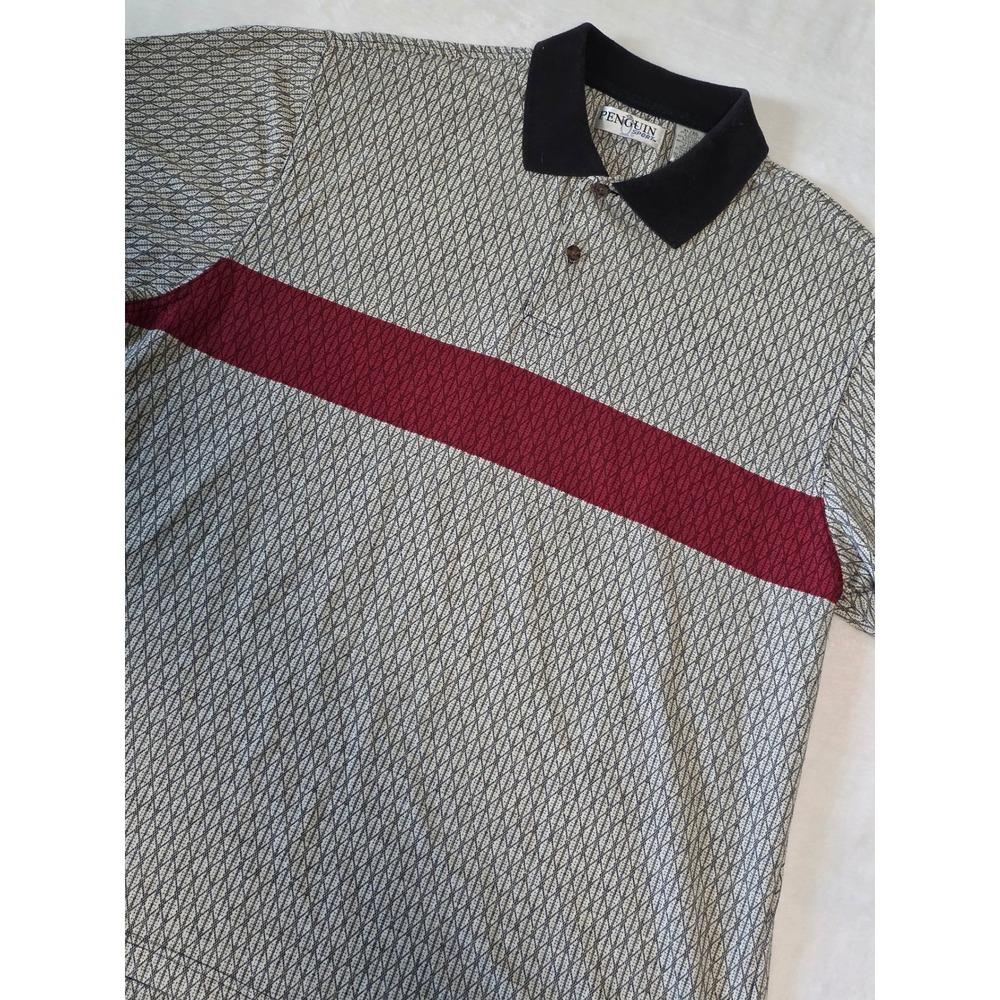 Vintage Penguin Sport Mens XL Polo Shirt Geometric Diamond Stripe Grey Burgundy